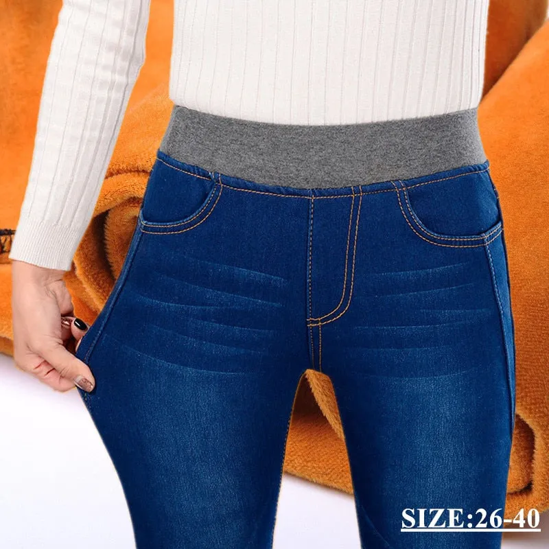 Women's Winter Warm Elastic High Waist Skinny Stretch Denim Pants