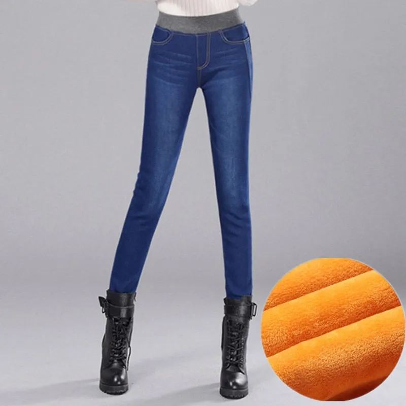 Women's Winter Warm Elastic High Waist Skinny Stretch Denim Pants