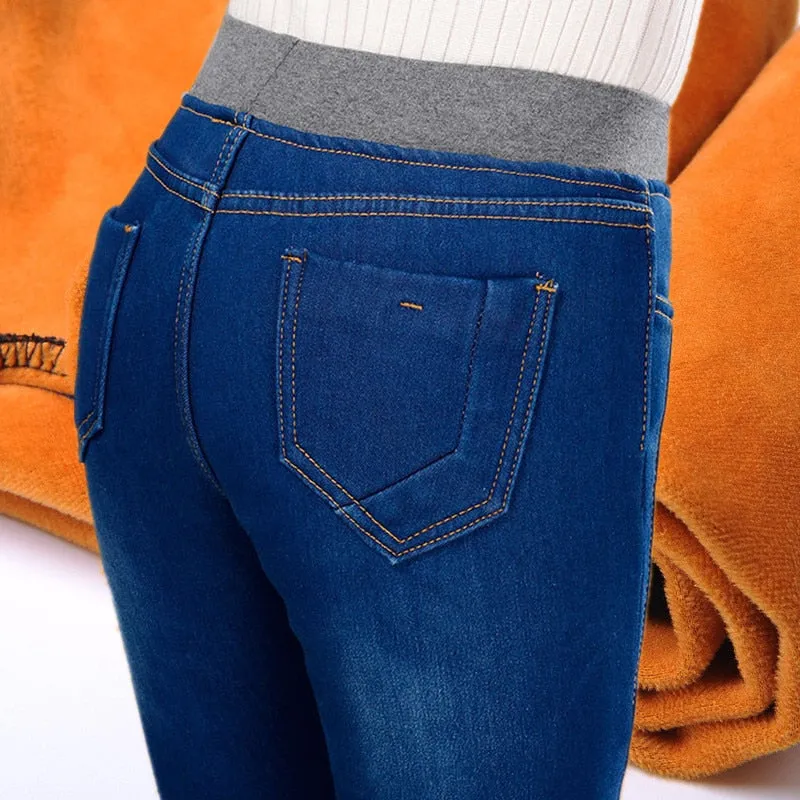 Women's Winter Warm Elastic High Waist Skinny Stretch Denim Pants